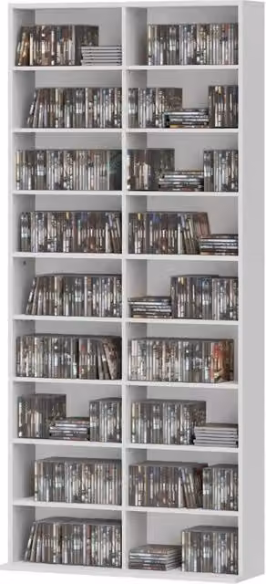 Scaffale per CD/DVD/Blu-ray, fino a 640 CD o 360 DVD o 430 Blu-ray, libreria multimediale, 78,5x24x175 cm, bianco