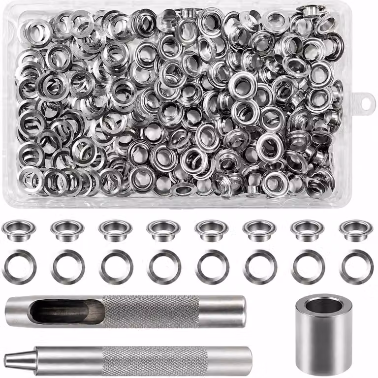 Set di utensili per occhielli, 120 pezzi, 6 mm, colore argento, metallo