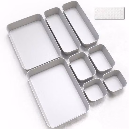 Set di 8 contenitori in plastica per organizzare cassetti: cucina, bagno, cosmetici, spezie; sistema di divisori in plastica per ufficio con tappetino in silicone (grigio chiaro)