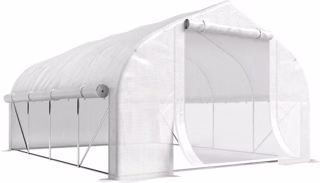 Serra per orto Outsunny con struttura in acciaio galvanizzato e copertura in PE anti-UV, colore bianco, L: 395 cm, P: 300 cm, H: 200 cm