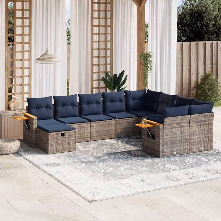 Set di divani da giardino vidaXL 10 pezzi in polyrattan con cuscini grigi e blu per esterno