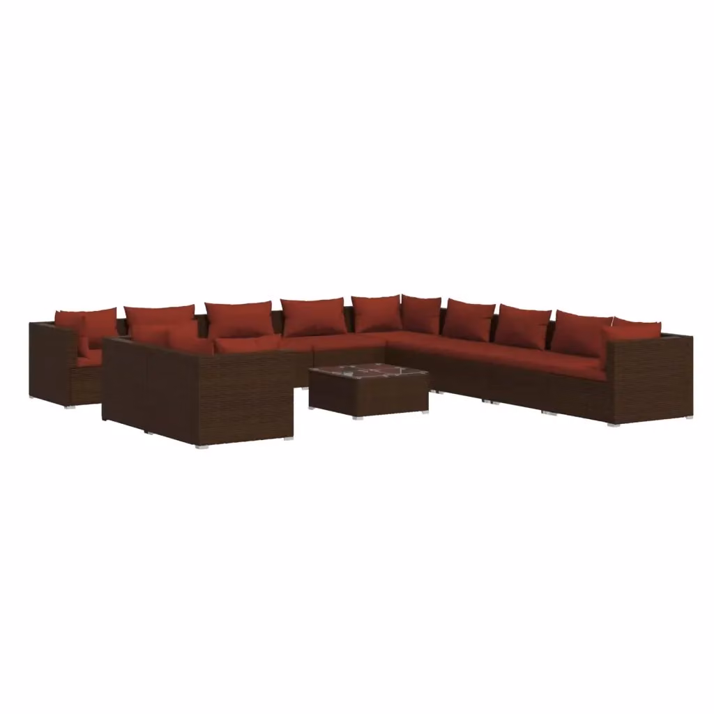 Set di Divani da Giardino a L con Cuscini vidaXL, Polyrattan Marrone e Rosso con Tavolino da Caffè e Struttura in Acciaio – 2