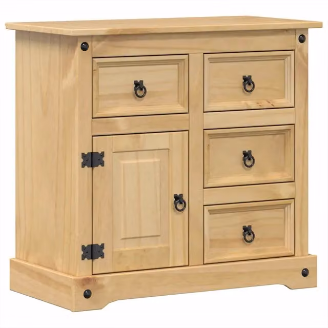 Credenza Corona in legno massello di pino color marrone e beige, stile rustico, L: 87 cm, P: 40 cm, H: 76 cm