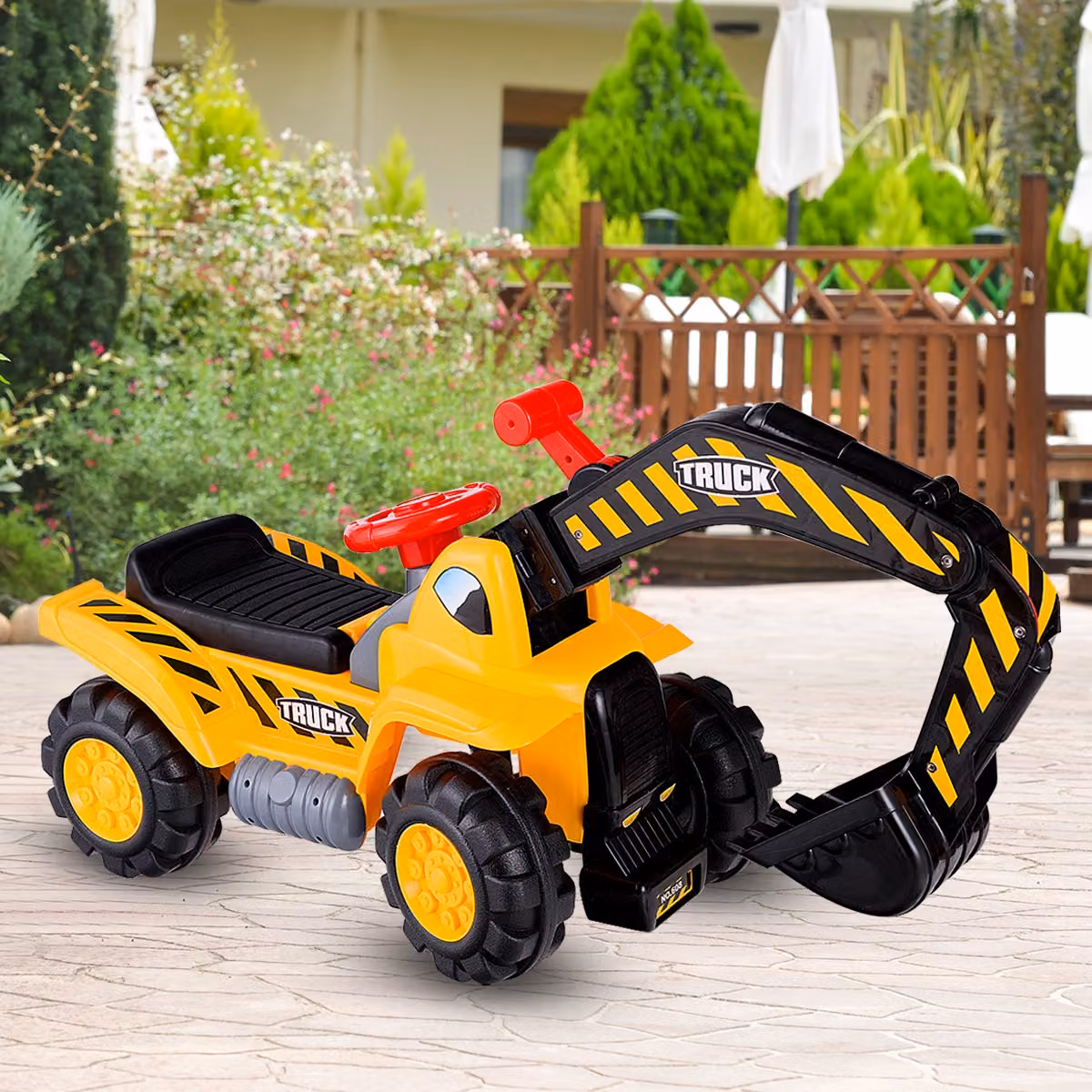 Costway Ruspa elettrica multifunzione per bambini, Escavatore giocattolo cavalcabile con luci e suoni, Giallo, L: 89 cm, P: 45 cm, H: 30 cm