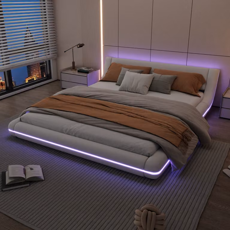 Letto imbottito Flieks 160x200cm con LED, letto matrimoniale letto giovanile con rete a doghe, letto classico letto in legno letto galleggiante letto da terra, PU, bianco