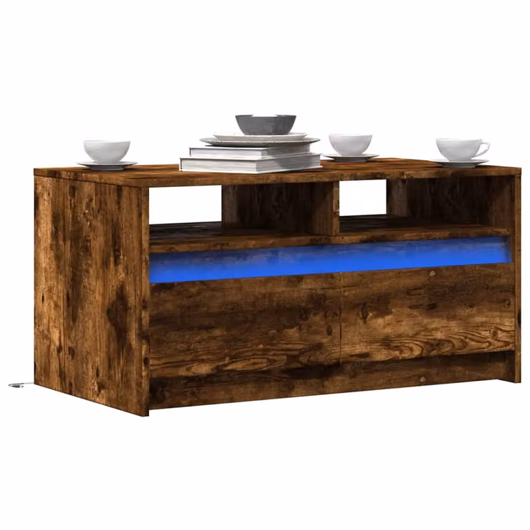 vidaXL Tavolino da Salotto Moderno in MDF Rovere Fumo con Luci LED, L/P/H: 90 x 50 x 45,5 cm