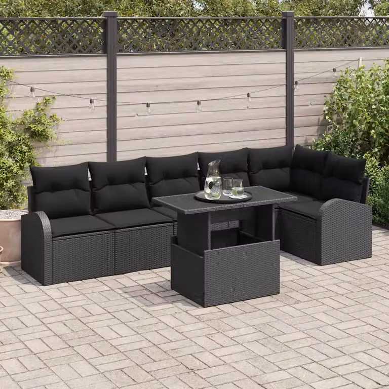 Set Divano da Giardino vidaXL 7 Pezzi in Polyrattan Nero con Tavolino e Funzione Archiviazione
