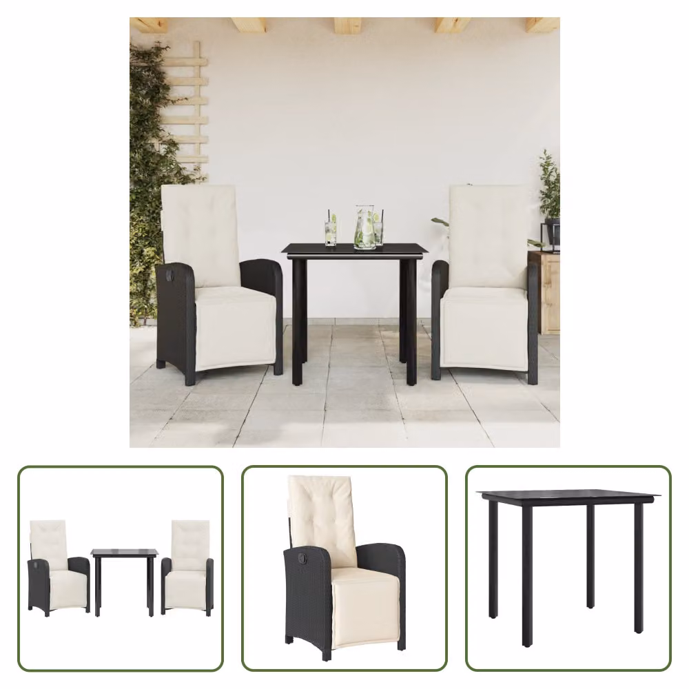 The Living Store Set bistrot 3 pezzi con cuscini in poly rattan nero