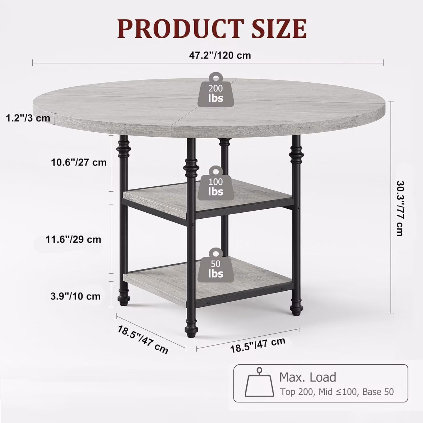 Tavolo rotondo da pranzo, grigio, diametro 120 cm, con spazio contenitivo, per 4-6 persone, in metallo