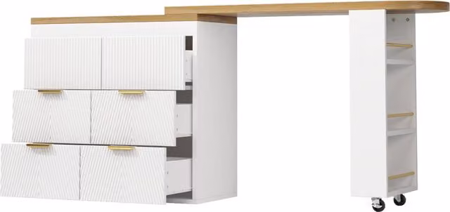 Tavolo da pranzo girevole con 6 cassetti e ripiano laterale, multifunzione per cucina, soggiorno e studio, MDF bianco