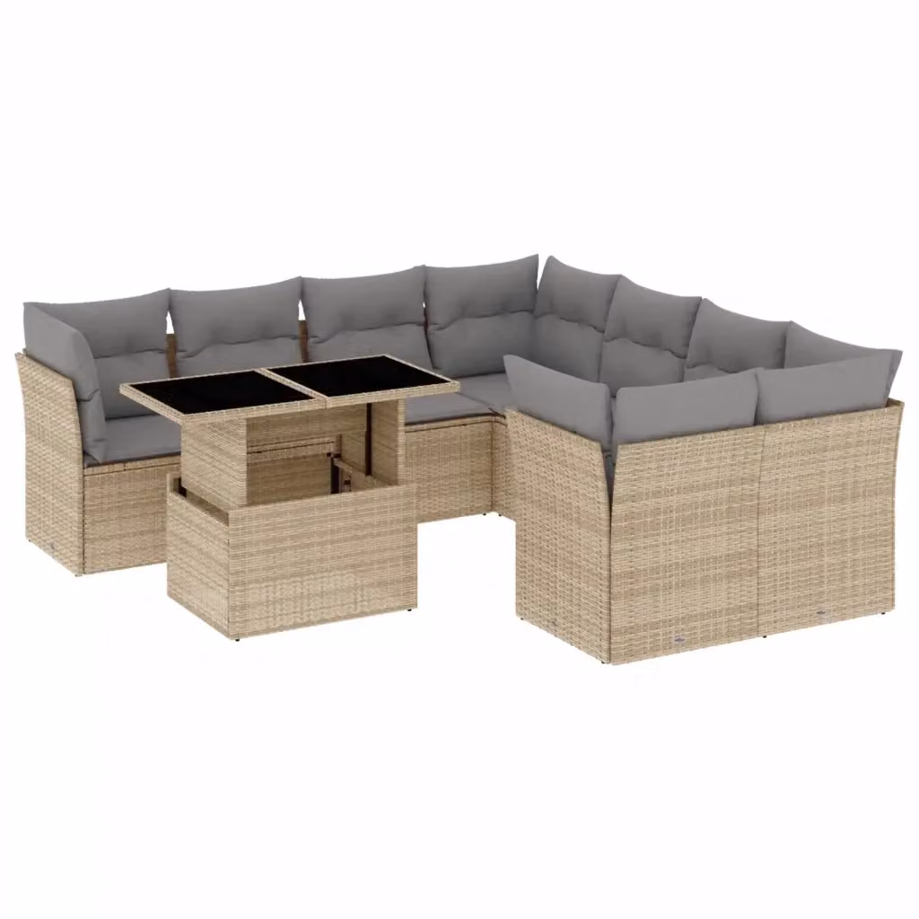 vidaXL Set Divano da Giardino a L 9 pz con Cuscini Beige e Tavolino in Polyrattan e Acciaio – 2