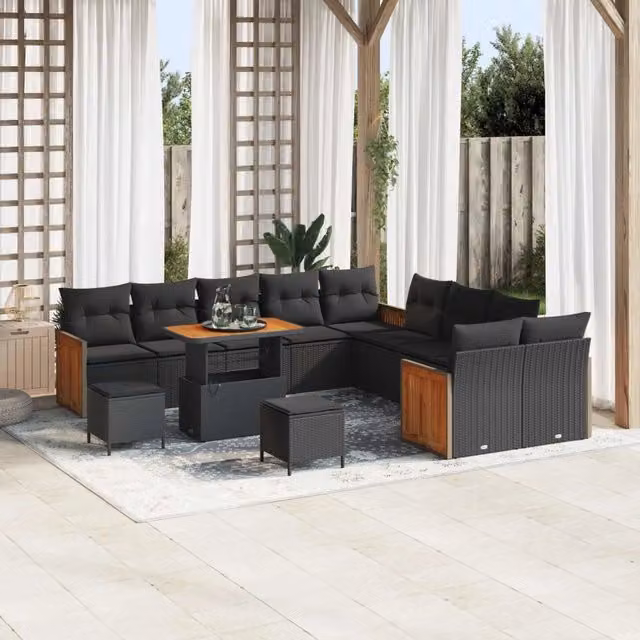 Set Divano da Giardino Moderno vidaXL in Rattan e Legno di Acacia Nero 13 Posti – 1
