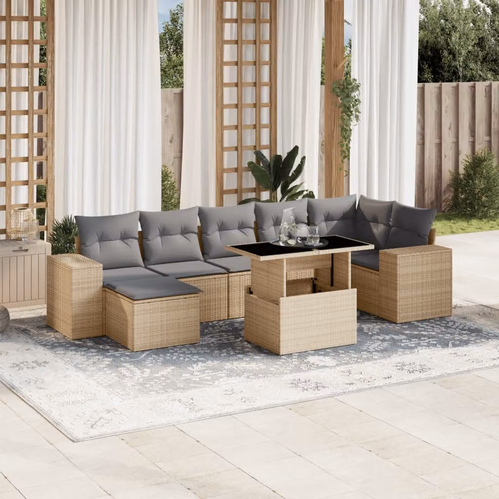 vidaXL Set Divano da Giardino a L 8 pz in Polyrattan Beige con Cuscini e Tavolino – 1