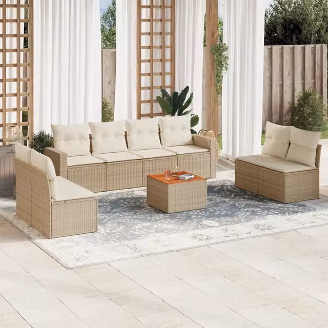 Set Divano da Giardino 9 pz con Cuscini Beige in Polyrattan 3224084