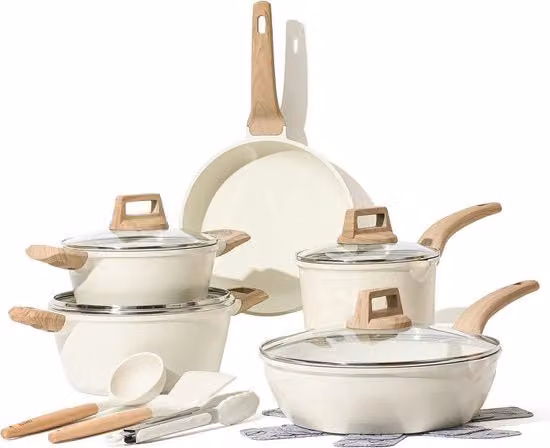 Set di padelle da 14 pezzi - Incluso padella da wok 24/28 cm, padella da cottura 18/20/24 cm con coperchio e accessori da cucina - Non tossico - Adatto per tutti i fornelli elettrici