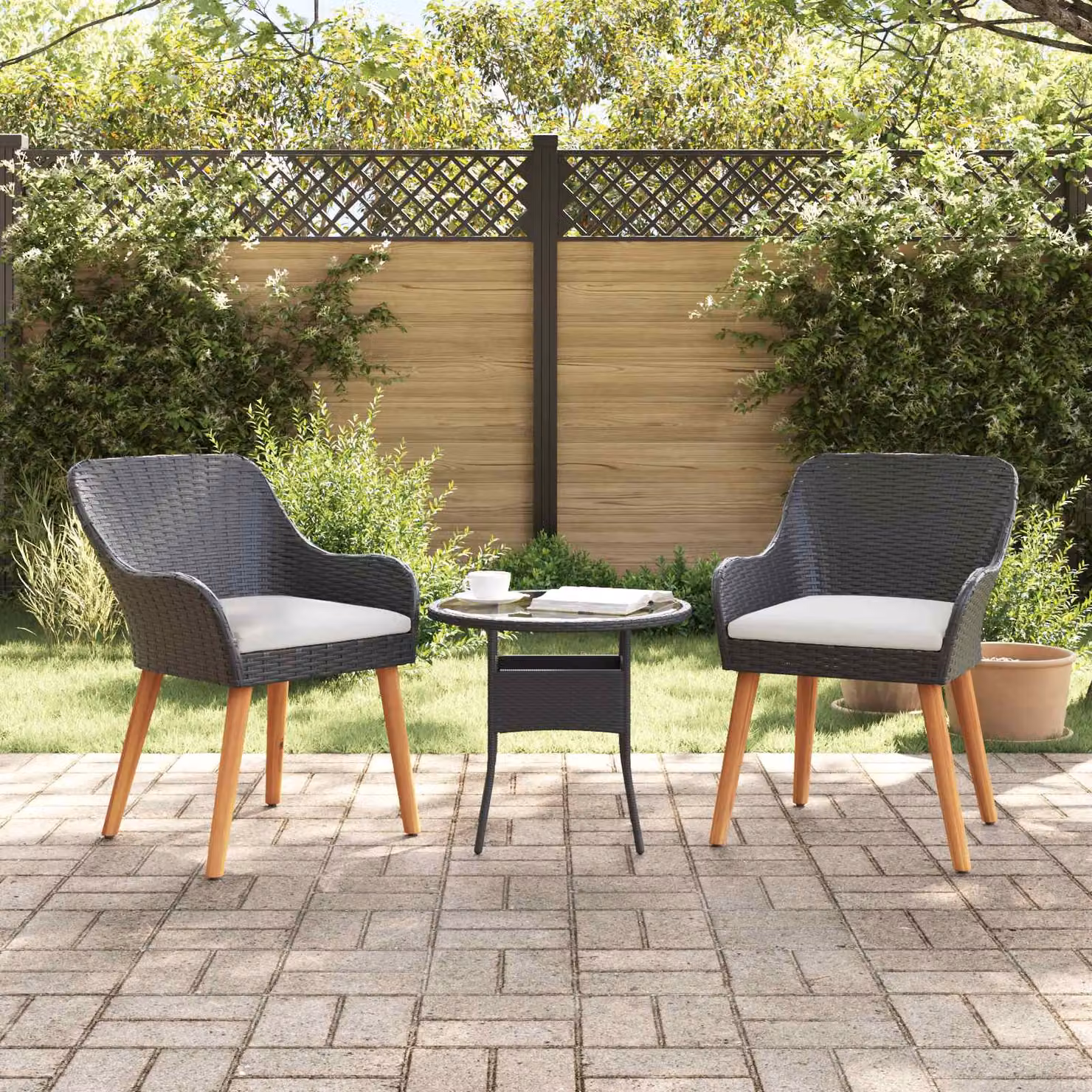Set di 2 sedie da giardino vidaXL in polyrattan e legno di acacia nero con cuscini inclusi