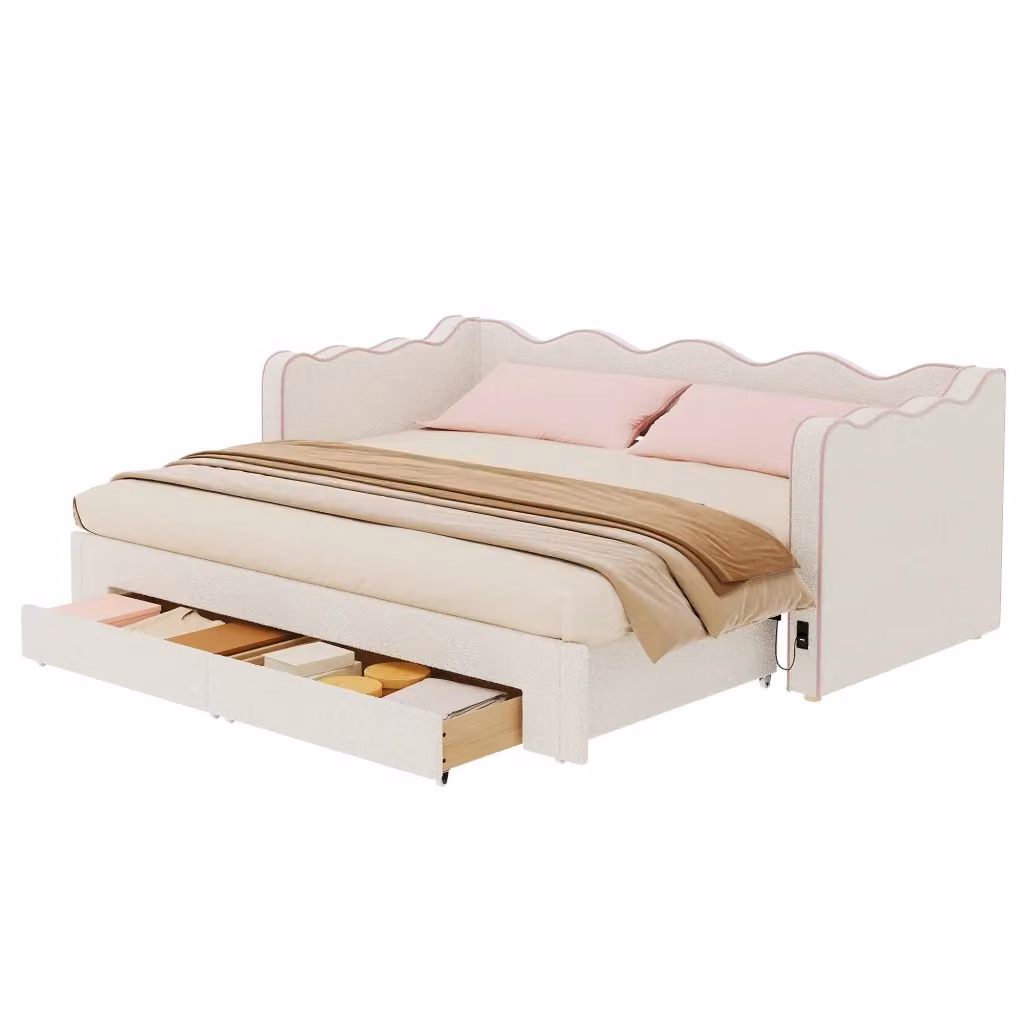 Divano letto estraibile Mivray in tessuto bouclé beige con cassetti e porte di ricarica USB, L/P/H: 90 x 200 x 75 cm, trasformabile in 180 x 200 cm – 2