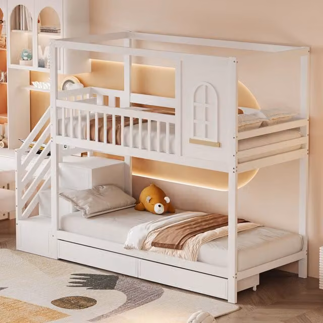 Letto a castello MIVRAY in legno bianco con struttura a casetta, scala con cassetti e sponde di sicurezza, dimensioni 90 x 200 cm