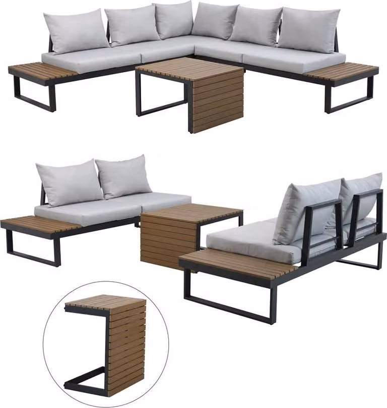 Set modulare da giardino: divano, angolo, tavolo, grigio, 159 x 68,5 x 63 cm