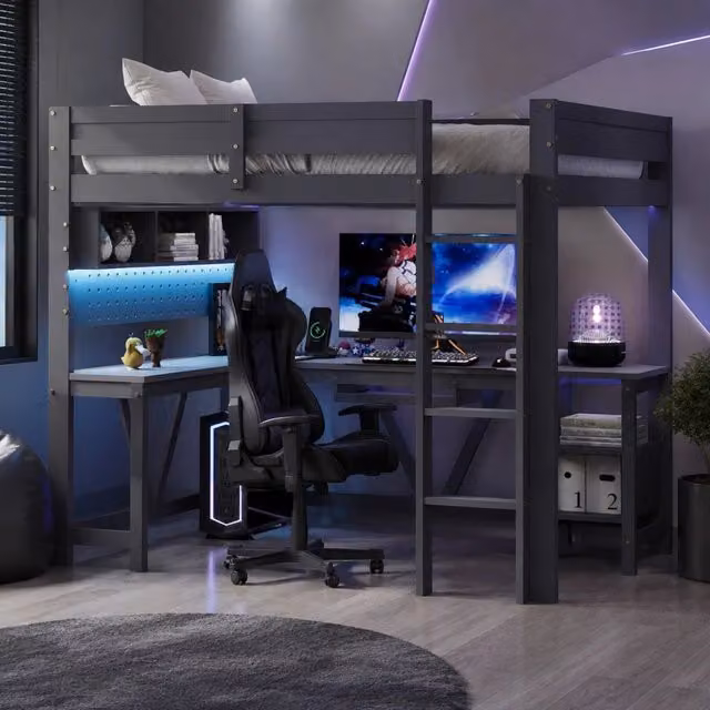 Letto a soppalco 205x95x170 cm con scrivania e LED; legno grigio
