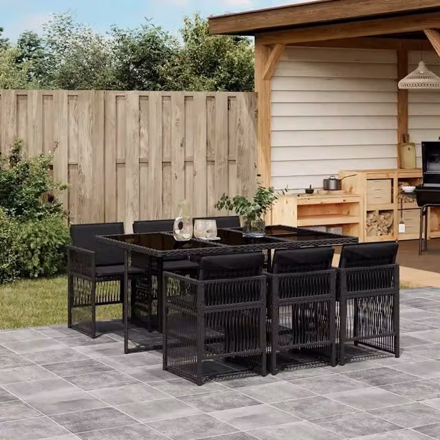 Set da pranzo da giardino vidaXL in polyrattan nero con piano in vetro, 7 pezzi