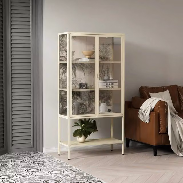 Vetrina Busseto, Credenza espositiva, Vetrinetta multiuso, Madia da soggiorno, 80x35 h160 cm, Panna