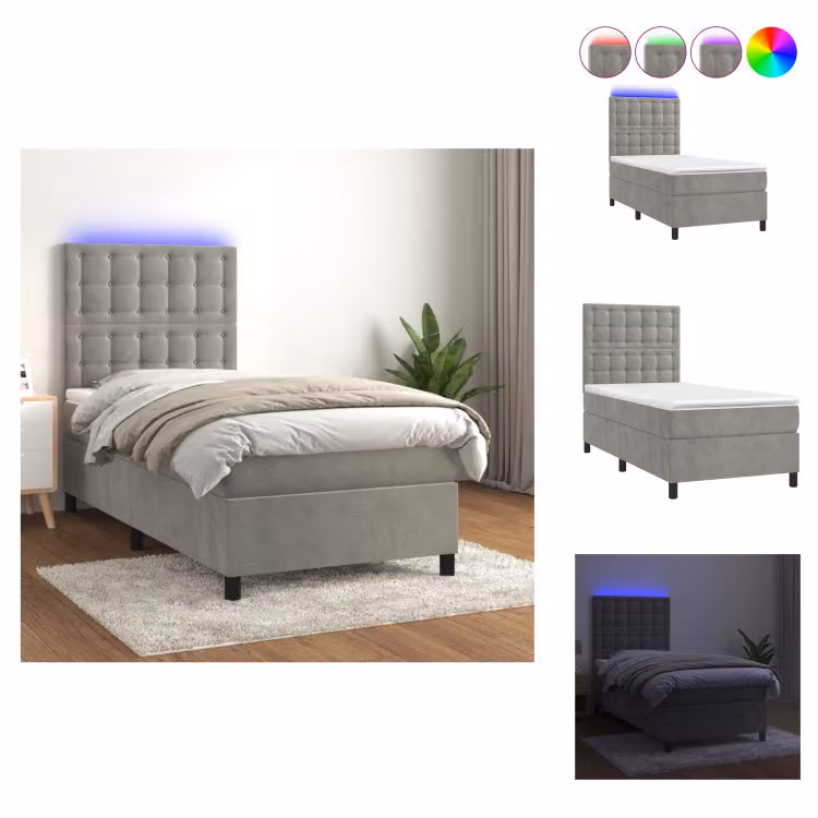 vidaXL Letto a molle con materasso e LED in velluto grigio chiaro 80x200 cm - Letti & strutture letto