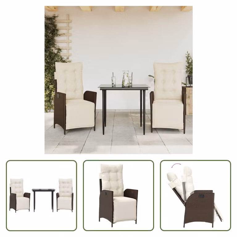 The Living Store Set da pranzo da giardino in 3 pezzi con cuscini in poly rattan marrone