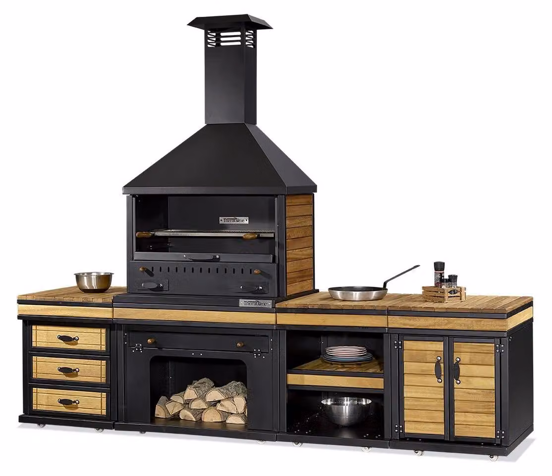 Außenküche in Schwarz aus Holz und Edelstahl modern