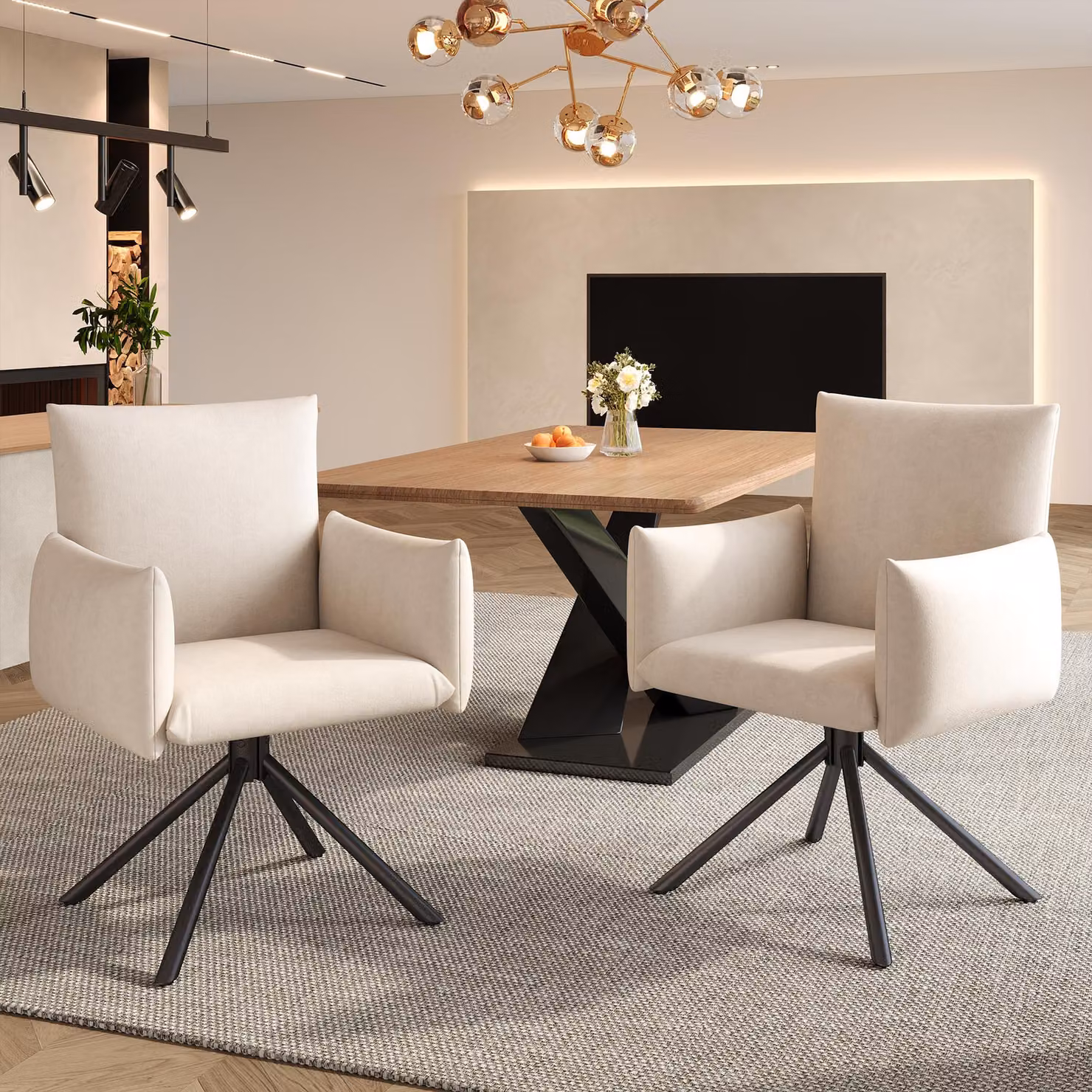 Set di due sedie da pranzo Sweiko, poltrona imbottita con 4 gambe in metallo, sedia girevole casual a 360°, sedia per il soggiorno e la camera da letto, sedia da lavoro e da scrivania, supporto lombare, velluto, beige