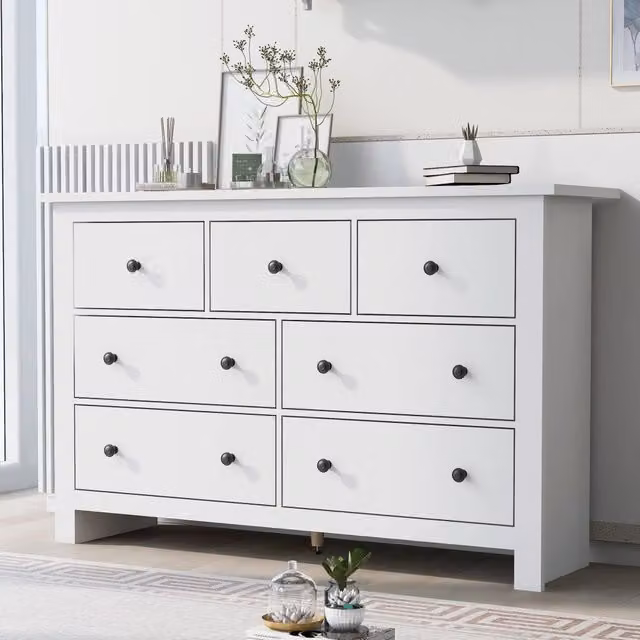 Credenza con 7 cassetti a scorrimento fluido in pannello di particelle bianco per cucina e soggiorno
