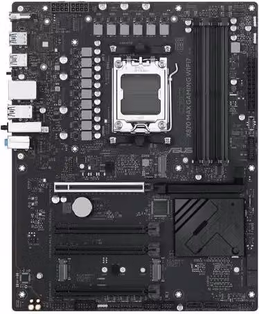 Scheda madre Asus X870 Max Gaming WiFi7 con socket AMD AM5, formato ATX, supporto DDR5, colore nero e multicolore – 1