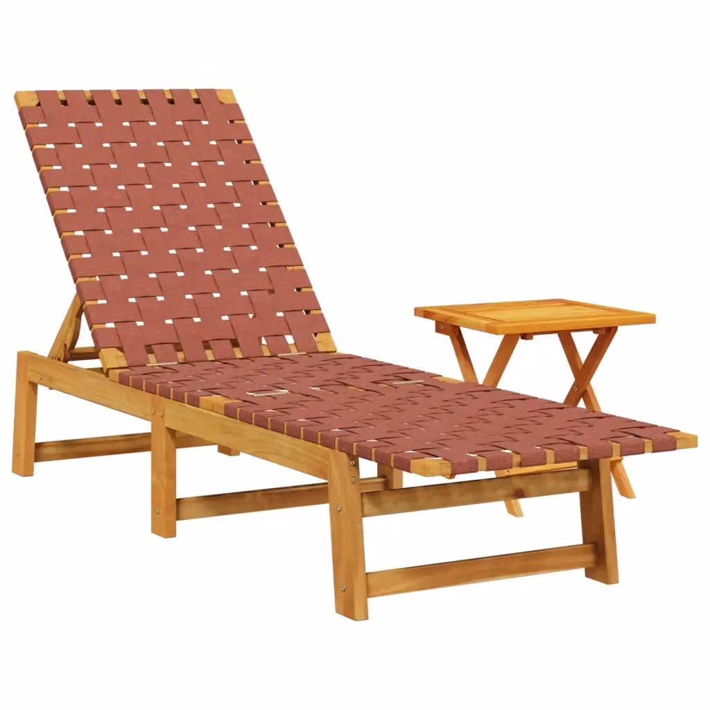 vidaXL Lettino Prendisole con Tavolino in Legno di Acacia e Tessuto Rosso – 2