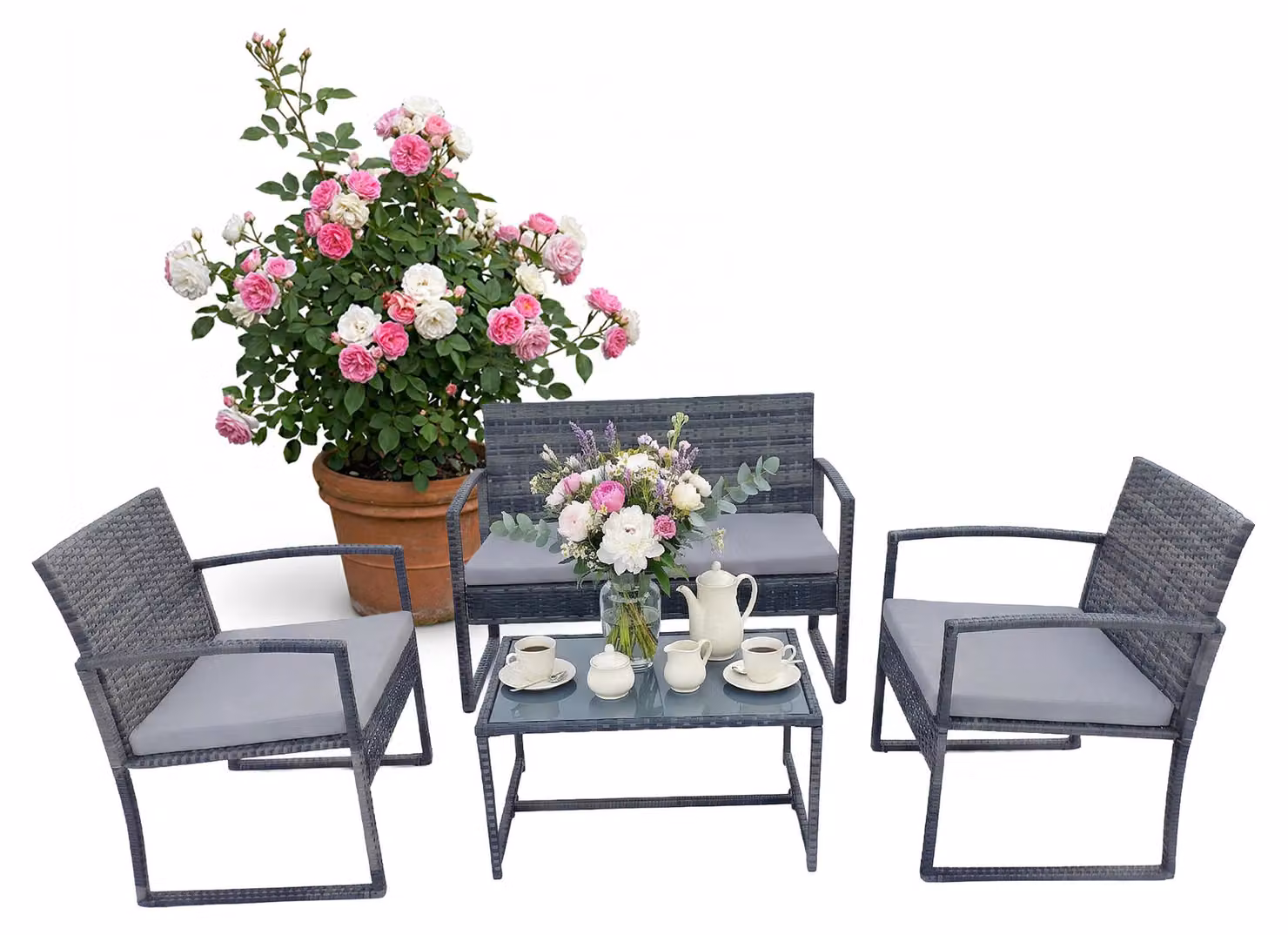 Set di mobili da giardino Relaxdays, set da salotto in rattan da 4 pezzi, per 4 persone, panca, sedie e tavolo in vetro, mobili da relax, da esterno, grigio