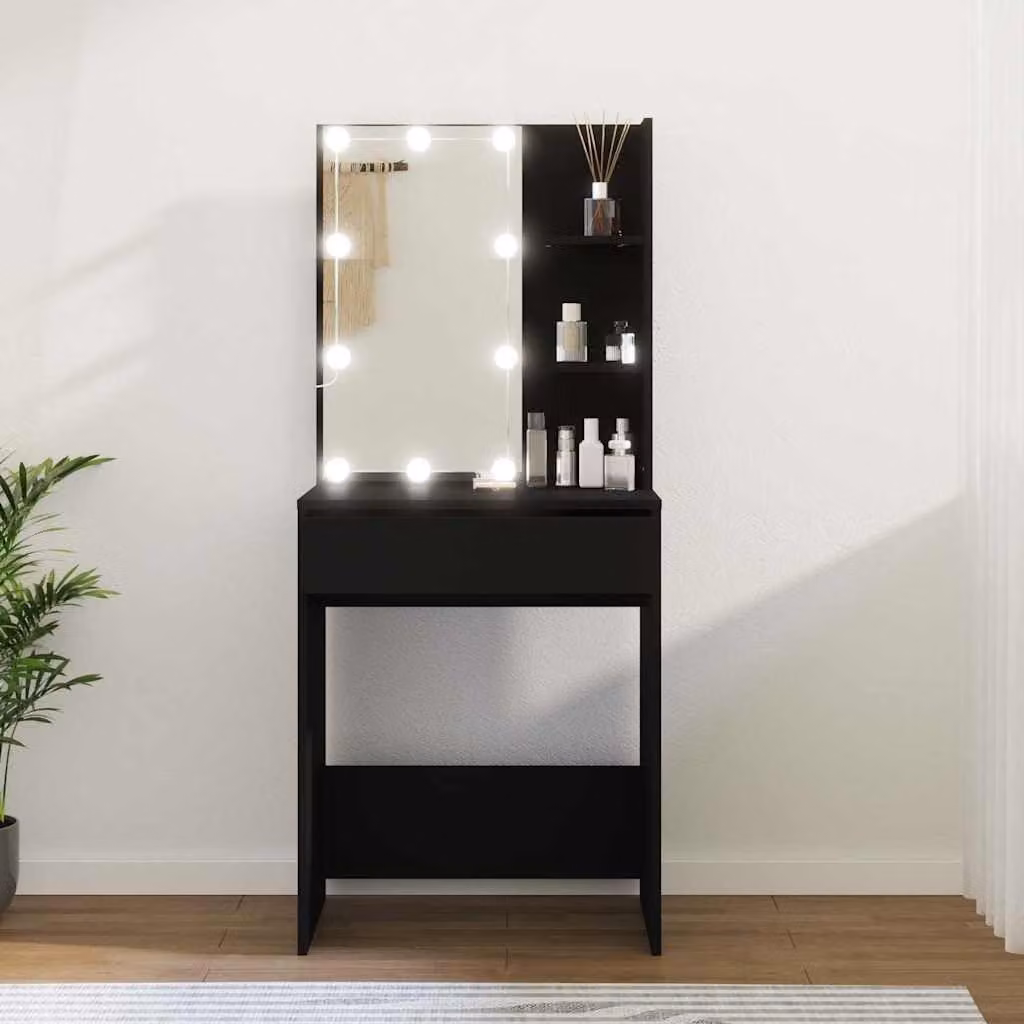 Tavolino da trucco – Tavolino da trucco nero con illuminazione a LED integrata attorno allo specchio – Comodino da bagno compatto, dimensioni 60x40x140 cm