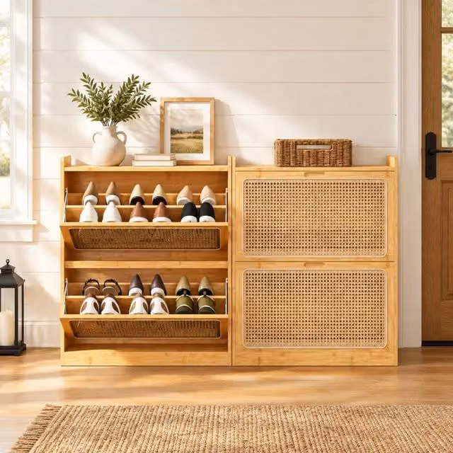 Scarpiera in stile boho con ripiani regolabili in bambù e rattan, colore beige, L 69 cm x P 29 cm x H 83 cm
