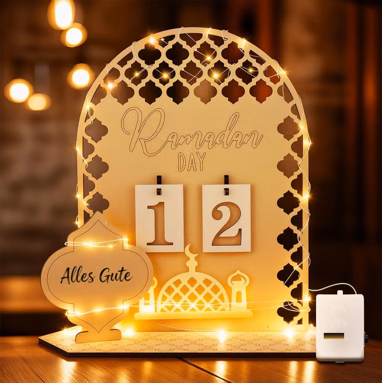 Calendario dell'Avvento in legno a tema Ramadan, con luci LED, ideale per bambini, dimensioni 20x20x7 cm