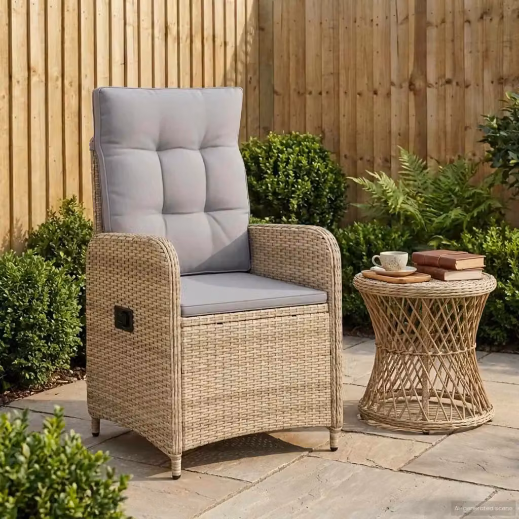 Sedia da giardino moderna in rattan e metallo con braccioli, beige e grigio – 2