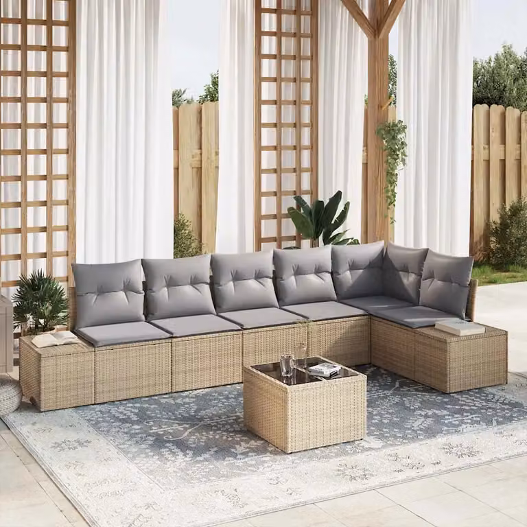Set Divano da Giardino vidaXL 7 Pezzi a Forma di L in Polyrattan con Tavolino e Cuscini Beige e Grigio