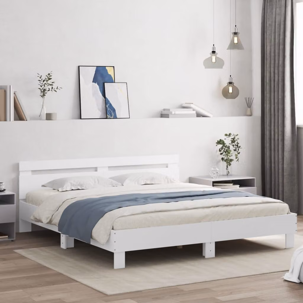 vidaXL Giroletto con Testiera, Illuminazione LED Sotto il Letto e Porta USB, Bianco, 200x200 cm – 1