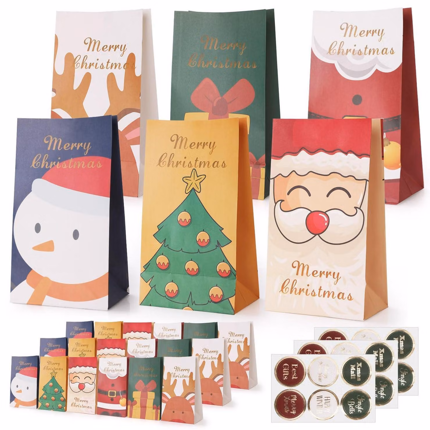 Sacchetti regalo natalizi, 18 pezzi, carta kraft, dimensioni 27x15x9,7 cm, con 18 adesivi per caramelle e biscotti