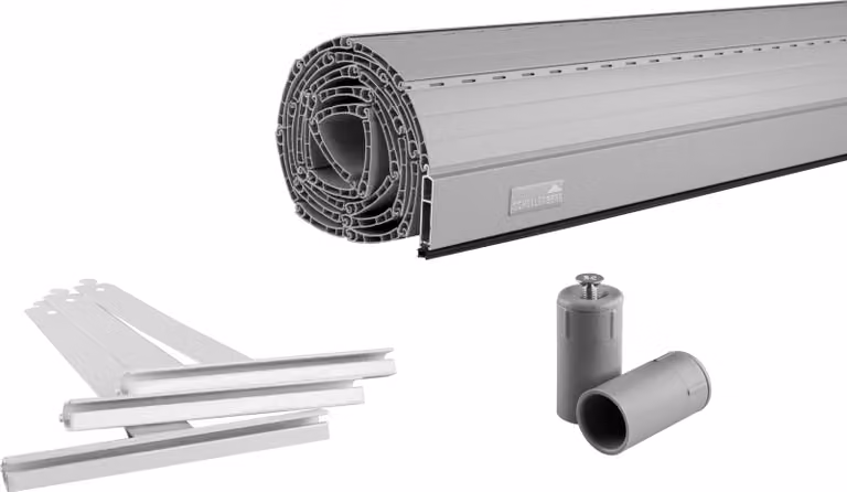 Set di tende per tapparelle Schellenberg PVC Mini per alberi in acciaio tubolare da 40 mm, incl. molle di sospensione per tapparelle, barra terminale in alluminio e fermo per tapparelle, accorciabile individualmente, 120 x 140 cm, grigio, 20093