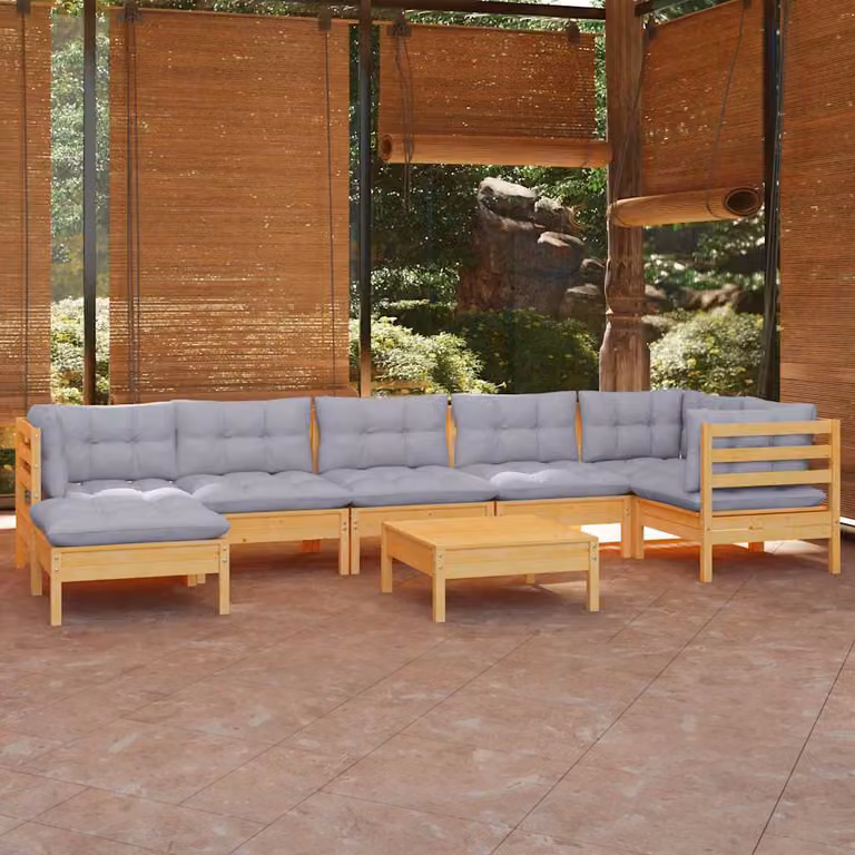 Set di divani da giardino vidaXL a forma di L composto da 8 pezzi in legno massello di pino con cuscini grigi