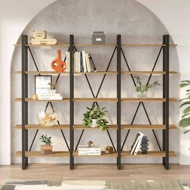 Libreria Altano DMORA in legno e metallo, mobile porta libri moderno color quercia, L: 220 cm, P: 34 cm, H: 180 cm