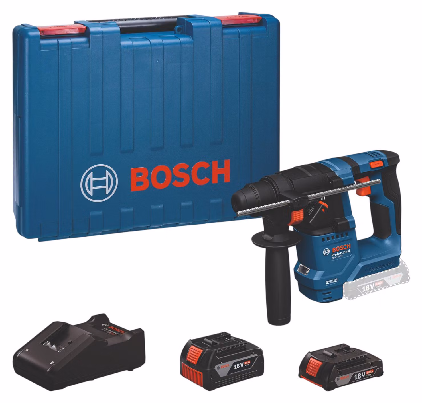 Martello perforatore a batteria Bosch GBH 18V-18 Professional 18 V 1,5 J SDS plus Brushless ( 0611927004 ) + 2x batteria 2,0 Ah / 4,0 Ah + caricabatterie + valigetta