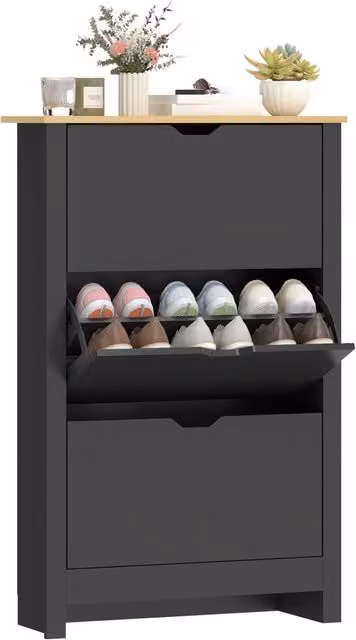 Armadio per scarpe moderno con 3 ante abattenti e 2 compartimenti, colore Nero Rovere, L: 112 cm, P: 26 cm, H: 26 cm