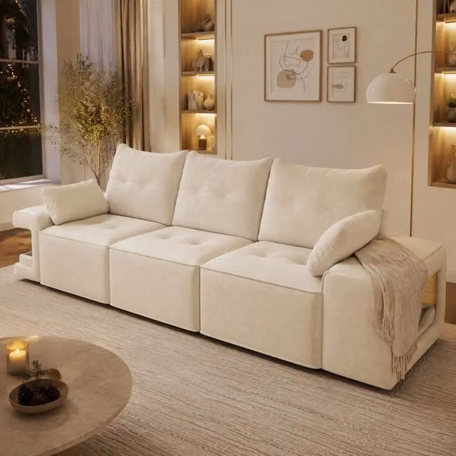 Divano modulare ULEVR 3 posti 229,5x78x84 cm con vani contenitore, nicchie imbottite per animali e 2 cuscini beige