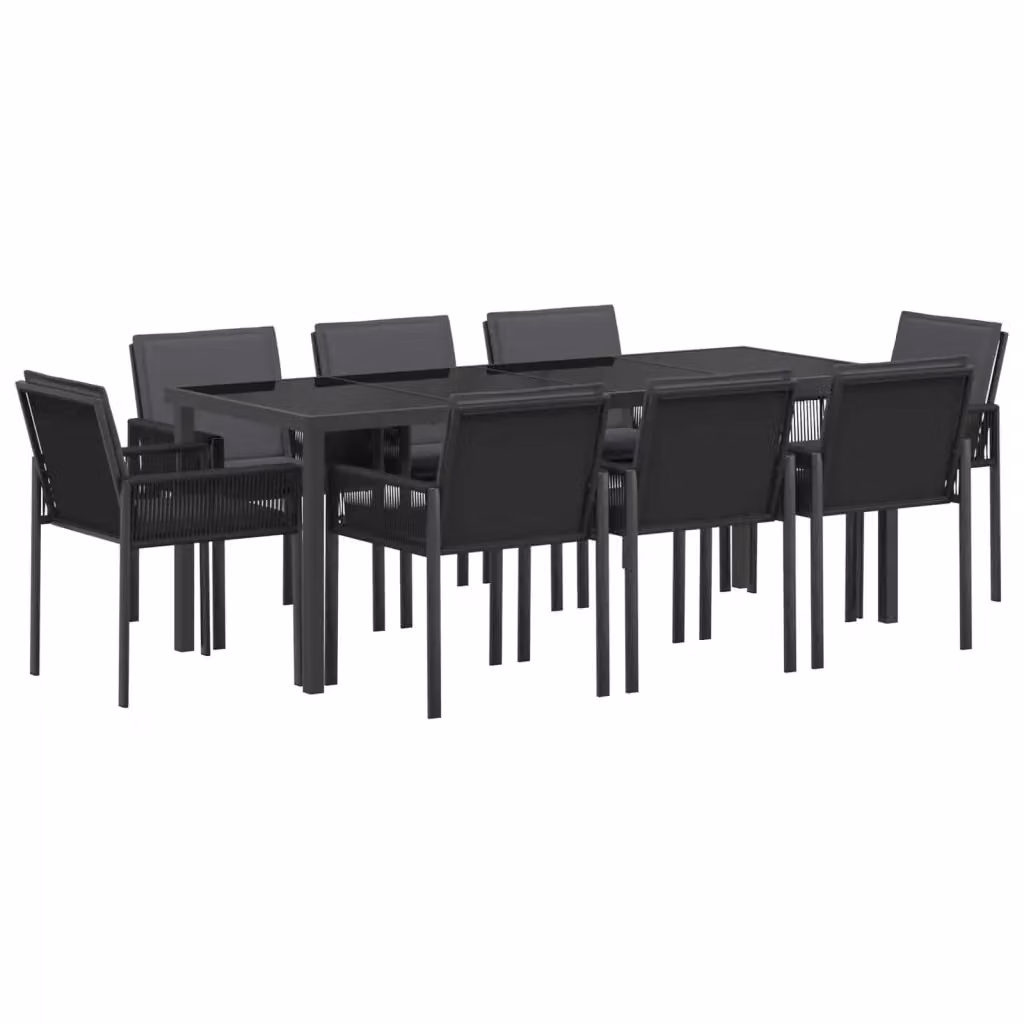 Set da pranzo per giardino e terrazzo vidaXL in polyrattan nero con tavolo in vetro, 9 pezzi – 2