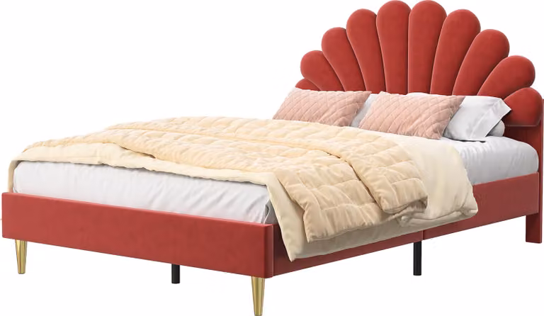 Letto imbottito Fortuna Lai 140 x 200 cm, struttura letto con rete a doghe e testata, letto matrimoniale imbottito a forma di fiore, letto per ospiti, letto per ragazzi, tessuto di velluto delicato sulla pelle (rosso fagiolo)