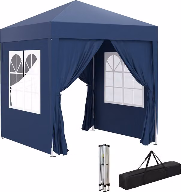 Gazebo Pieghevole Pop Up Outsunny con 4 Pareti Rimovibili in Poliestere e Acciaio, Blu, 2x2 m